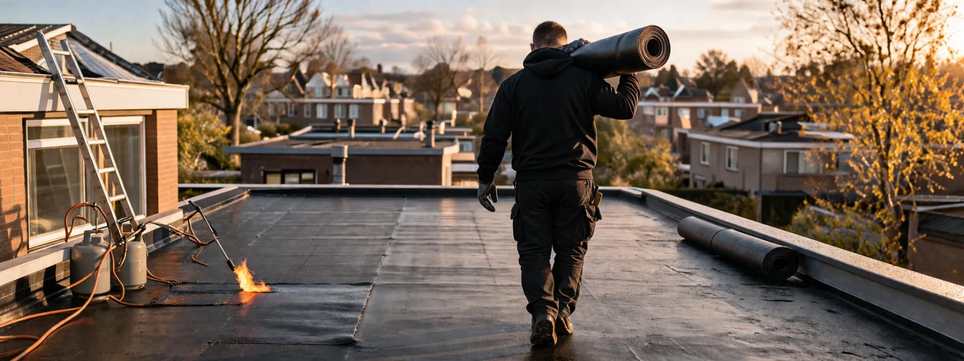 Bitumen aanbrengen: De bitumen banen worden vakkundig gebrand, met strak afgewerkte naden, randen en doorvoeren.